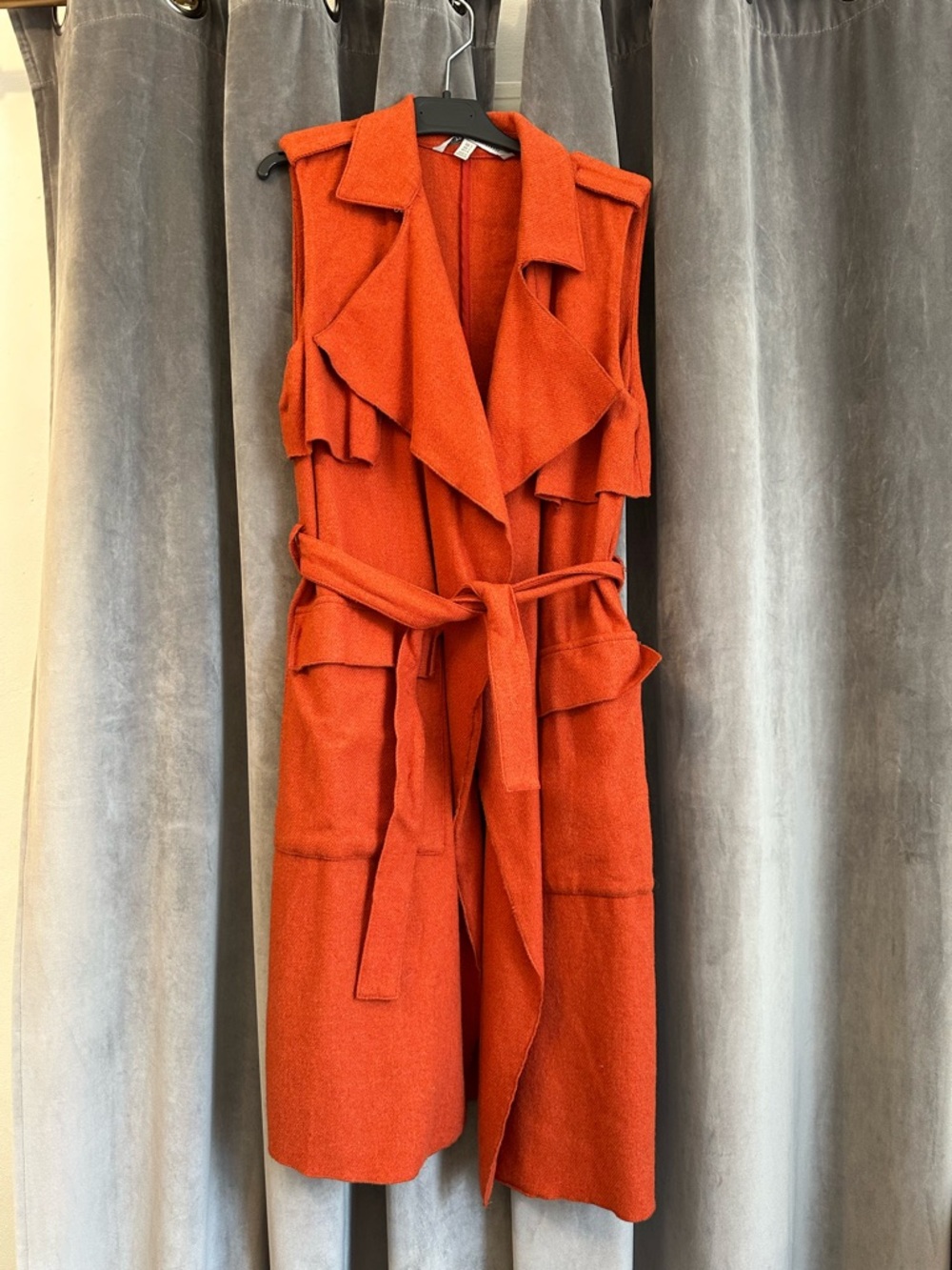Zara - Wool Blend Sleeveless Wrap Trench Vest in Burnt Orange